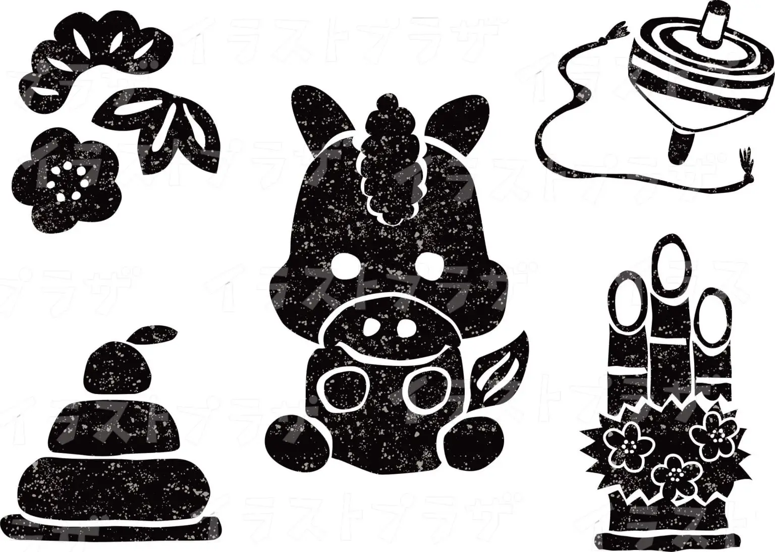 干支の馬白黒無料イラスト