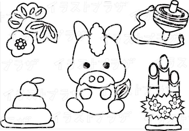 午年の白黒線画無料イラスト素材