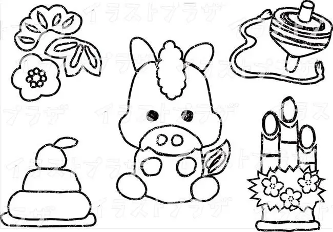 干支の午年白黒線画無料イラスト素材