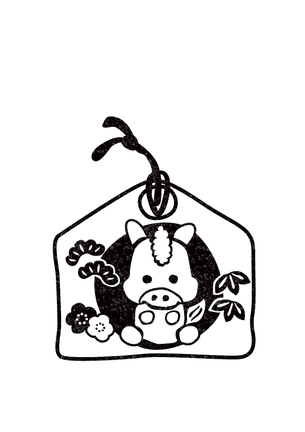 干支の午年絵馬白黒フリーイラスト