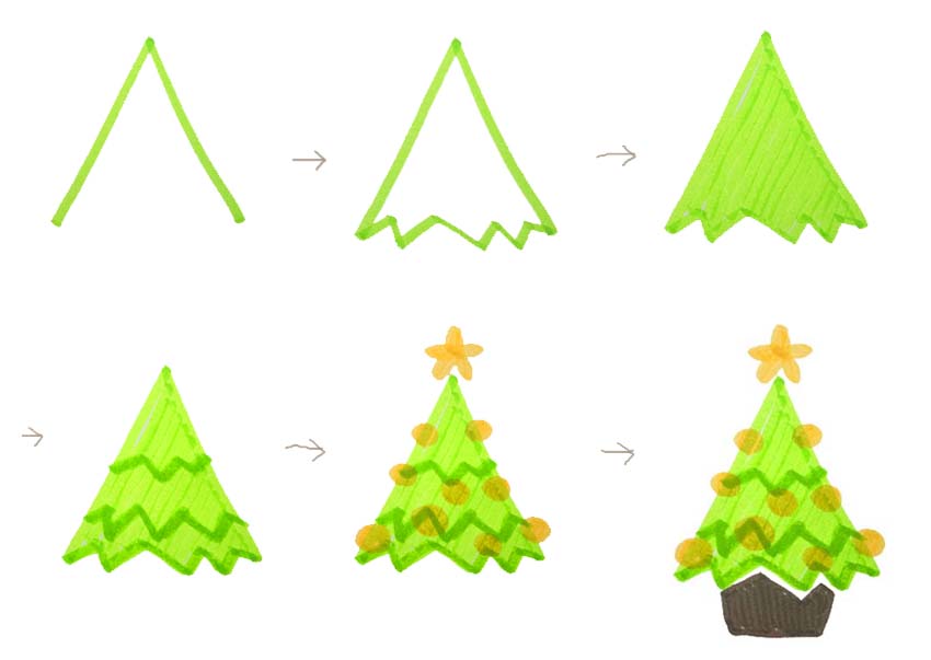 手描きクリスマスツリーイラストの簡単な描き方